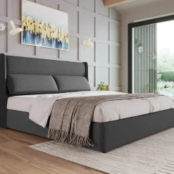 Lit 160x200 cm tapissé en lin gris avec tête de lit réglable et coffre de rangement hydraulique><noscript><img width=
