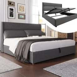 Lit 160x200 cm tapissé en lin gris avec tête de lit réglable et coffre de rangement hydraulique><noscript><img width=