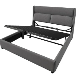 Lit 160x200 cm tapissé en lin gris avec tête de lit réglable et coffre de rangement hydraulique><noscript><img width=