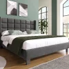 Redom Lit 140x200 cm tapissé en lin gris, tête de lit haute et rembourrée, sommier à lattes intégré, pieds noirs* Lit Double
