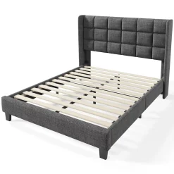 Redom Lit 140x200 cm tapissé en lin gris, tête de lit haute et rembourrée, sommier à lattes intégré, pieds noirs* Lit Double