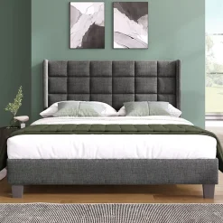 Redom Lit 140x200 cm tapissé en lin gris, tête de lit haute et rembourrée, sommier à lattes intégré, pieds noirs* Lit Double