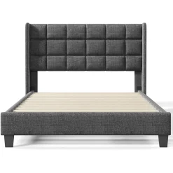 Redom Lit 140x200 cm tapissé en lin gris, tête de lit haute et rembourrée, sommier à lattes intégré, pieds noirs* Lit Double