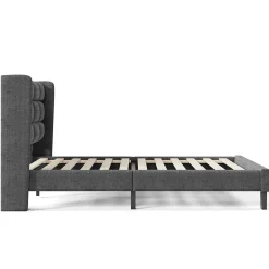 Redom Lit 140x200 cm tapissé en lin gris, tête de lit haute et rembourrée, sommier à lattes intégré, pieds noirs* Lit Double