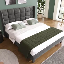 Redom Lit 140x200 cm tapissé en lin gris, tête de lit haute et rembourrée, sommier à lattes intégré, pieds noirs* Lit Double