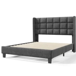Redom Lit 140x200 cm tapissé en lin gris, tête de lit haute et rembourrée, sommier à lattes intégré, pieds noirs* Lit Double
