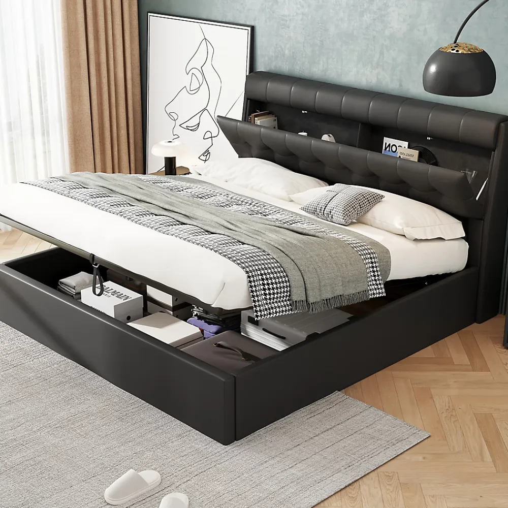 Redom Lit 160x200 cm tapissé en PU noir avec coffre de rangement hydraulique et tête de lit à rangement discret* Lit Avec Rangement