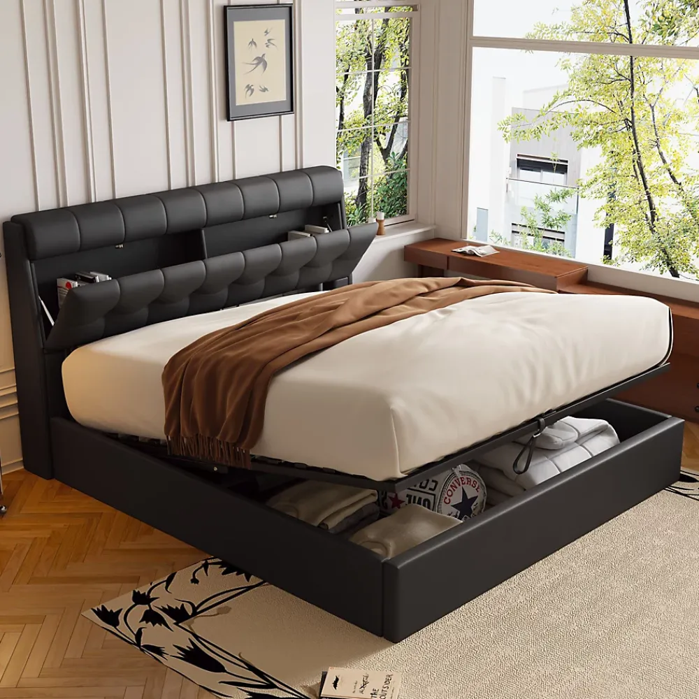 Redom Lit 160x200 cm tapissé en PU noir avec coffre de rangement hydraulique et tête de lit à rangement discret* Lit Avec Rangement