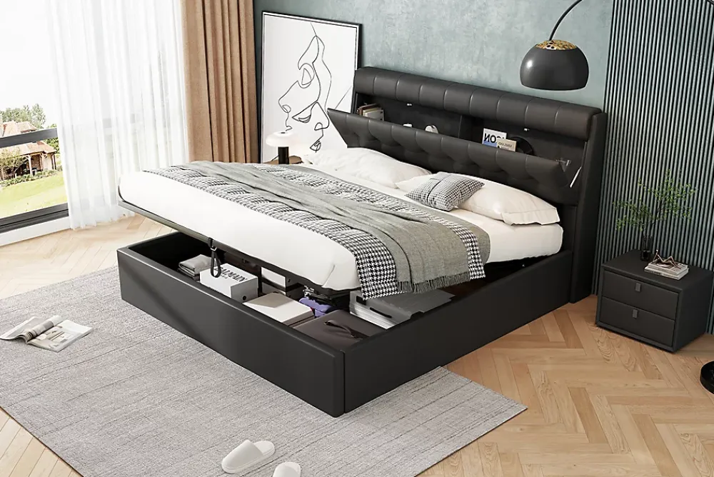 Redom Lit 160x200 cm tapissé en PU noir avec coffre de rangement hydraulique et tête de lit à rangement discret* Lit Avec Rangement