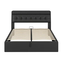 Redom Lit 160x200 cm tapissé en PU noir avec coffre de rangement hydraulique et tête de lit à rangement discret* Lit Avec Rangement