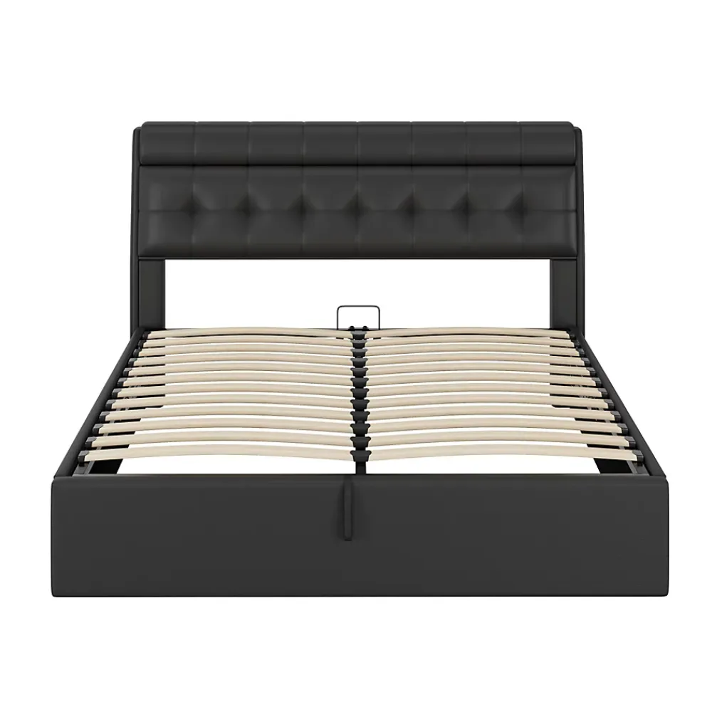 Redom Lit 160x200 cm tapissé en PU noir avec coffre de rangement hydraulique et tête de lit à rangement discret* Lit Avec Rangement