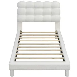 Redom Lit 90x200 cm tapissé en tissu peluche blanc avec tête de lit réglable 3 positions, structure MDF, style moderne et épuré* Lit Simple