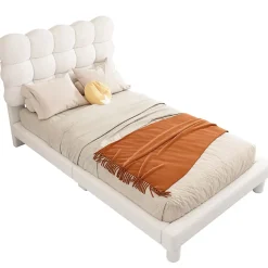 Redom Lit 90x200 cm tapissé en tissu peluche blanc avec tête de lit réglable 3 positions, structure MDF, style moderne et épuré* Lit Simple