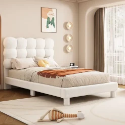 Redom Lit 90x200 cm tapissé en tissu peluche blanc avec tête de lit réglable 3 positions, structure MDF, style moderne et épuré* Lit Simple