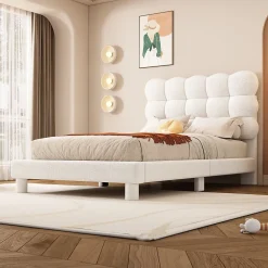Redom Lit 90x200 cm tapissé en tissu peluche blanc avec tête de lit réglable 3 positions, structure MDF, style moderne et épuré* Lit Simple