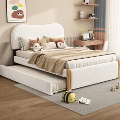 Lit 140x200 cm tapissé en velours blanc avec lit gigogne rétractable et tête de lit minimaliste en MDF>Redom New