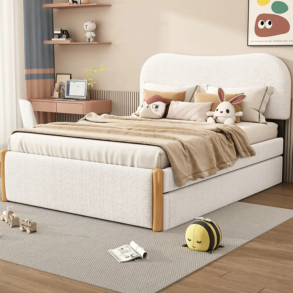 Lit 140x200 cm tapissé en velours blanc avec lit gigogne rétractable et tête de lit minimaliste en MDF>Redom New