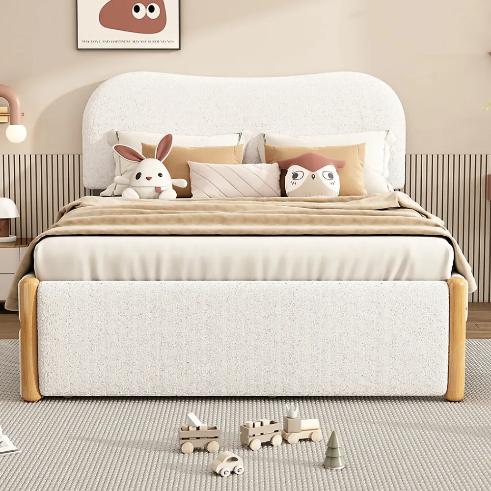 Lit 140x200 cm tapissé en velours blanc avec lit gigogne rétractable et tête de lit minimaliste en MDF>Redom New