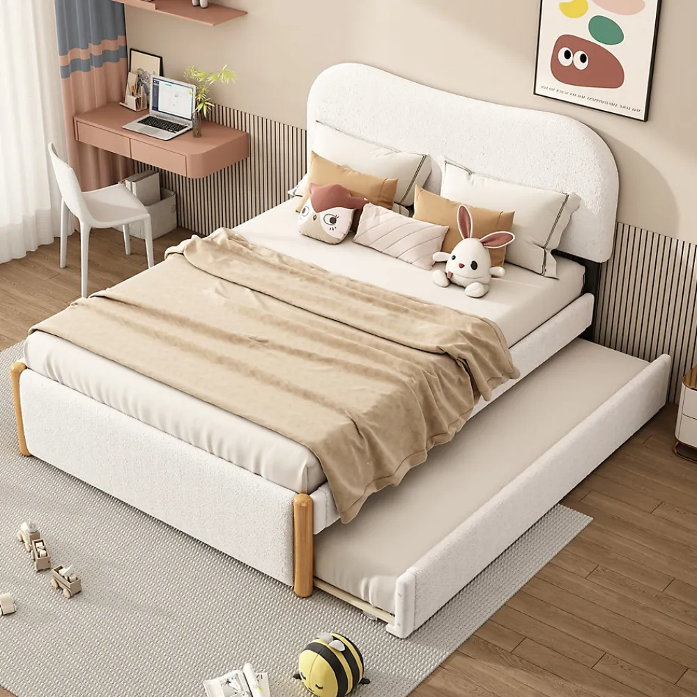 Lit 140x200 cm tapissé en velours blanc avec lit gigogne rétractable et tête de lit minimaliste en MDF>Redom New