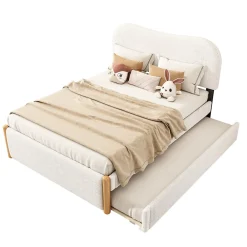 Lit 140x200 cm tapissé en velours blanc avec lit gigogne rétractable et tête de lit minimaliste en MDF><noscript><img width=