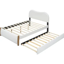 Lit 140x200 cm tapissé en velours blanc avec lit gigogne rétractable et tête de lit minimaliste en MDF><noscript><img width=