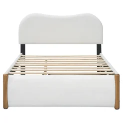 Lit 140x200 cm tapissé en velours blanc avec lit gigogne rétractable et tête de lit minimaliste en MDF><noscript><img width=