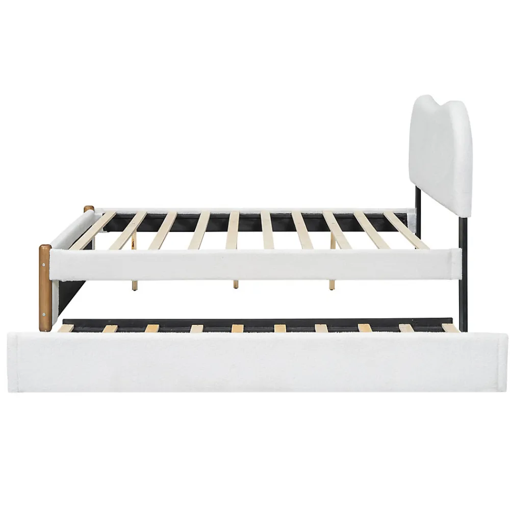 Lit 140x200 cm tapissé en velours blanc avec lit gigogne rétractable et tête de lit minimaliste en MDF>Redom New