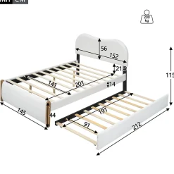 Lit 140x200 cm tapissé en velours blanc avec lit gigogne rétractable et tête de lit minimaliste en MDF><noscript><img width=