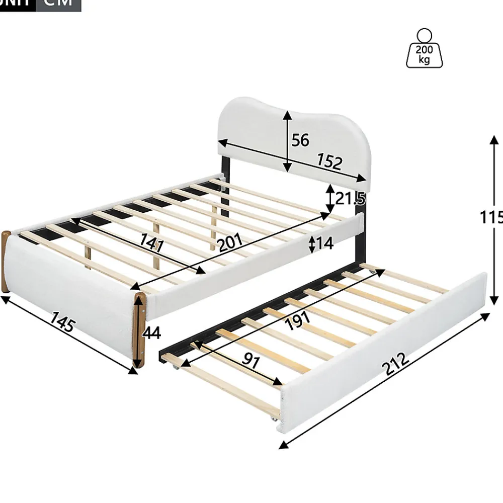 Lit 140x200 cm tapissé en velours blanc avec lit gigogne rétractable et tête de lit minimaliste en MDF>Redom New