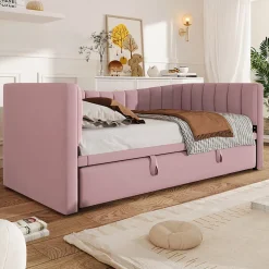 Lit 90x200 cm tapissé en velours avec lit gigogne escamotable, convertible en sofa minimaliste rose>Redom New
