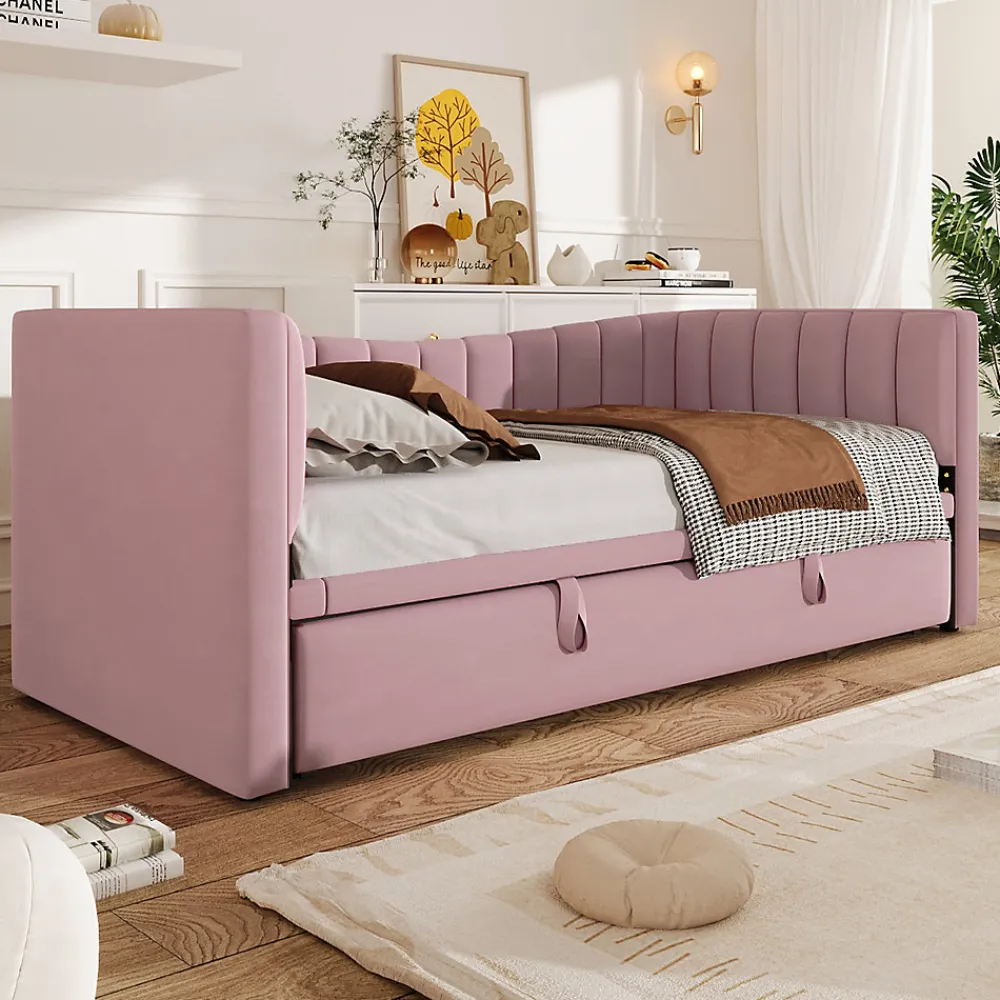 Lit 90x200 cm tapissé en velours avec lit gigogne escamotable, convertible en sofa minimaliste rose>Redom New