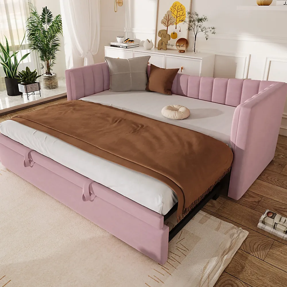 Lit 90x200 cm tapissé en velours avec lit gigogne escamotable, convertible en sofa minimaliste rose>Redom New