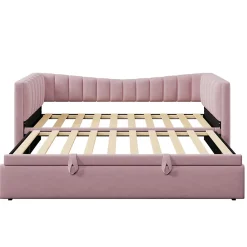 Lit 90x200 cm tapissé en velours avec lit gigogne escamotable, convertible en sofa minimaliste rose><noscript><img width=