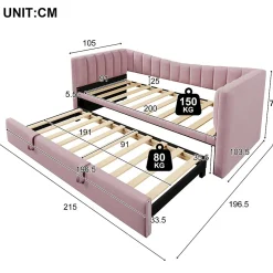 Lit 90x200 cm tapissé en velours avec lit gigogne escamotable, convertible en sofa minimaliste rose><noscript><img width=
