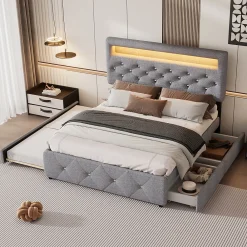 Lit 140x200 cm tapissé gris avec 2 tiroirs, lit gigogne intégré et tête de lit réglable, design élégant>Redom Best