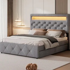 Lit 140x200 cm tapissé gris avec 2 tiroirs, lit gigogne intégré et tête de lit réglable, design élégant><noscript><img width=