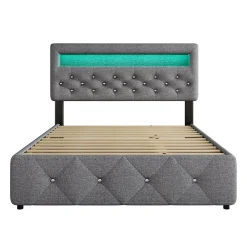 Lit 140x200 cm tapissé gris avec 2 tiroirs, lit gigogne intégré et tête de lit réglable, design élégant><noscript><img width=