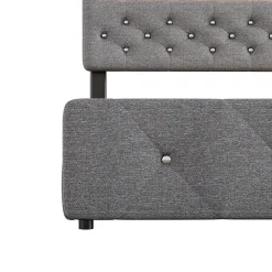 Lit 140x200 cm tapissé gris avec 2 tiroirs, lit gigogne intégré et tête de lit réglable, design élégant><noscript><img width=