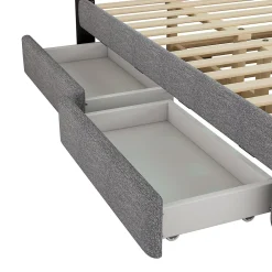 Lit 140x200 cm tapissé gris avec 2 tiroirs, lit gigogne intégré et tête de lit réglable, design élégant><noscript><img width=