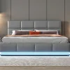 Lit 160x200 cm tapissé gris avec tête de lit rembourrée, coffre de rangement hydraulique et éclairage LED>Redom Online