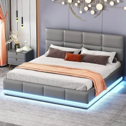 Lit 160x200 cm tapissé gris avec tête de lit rembourrée, coffre de rangement hydraulique et éclairage LED><noscript><img width=