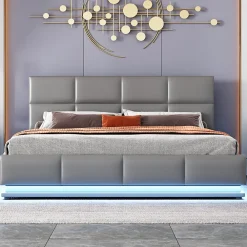 Lit 160x200 cm tapissé gris avec tête de lit rembourrée, coffre de rangement hydraulique et éclairage LED><noscript><img width=