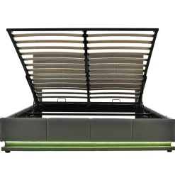 Lit 160x200 cm tapissé gris avec tête de lit rembourrée, coffre de rangement hydraulique et éclairage LED><noscript><img width=