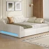 Lit 140x200 cm tapissé lin avec grand rangement sous sommier et bande led 7 couleurs, finition beige élégante>Redom Clearance