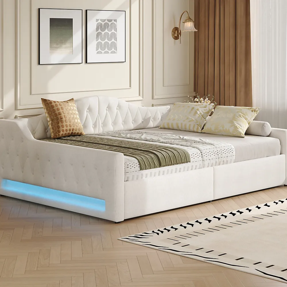 Lit 140x200 cm tapissé lin avec grand rangement sous sommier et bande led 7 couleurs, finition beige élégante>Redom Clearance