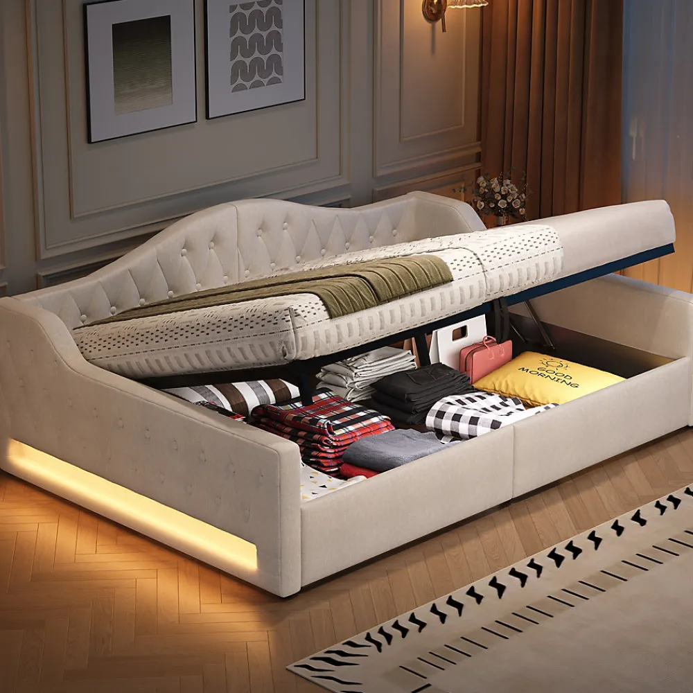 Lit 140x200 cm tapissé lin avec grand rangement sous sommier et bande led 7 couleurs, finition beige élégante>Redom Clearance