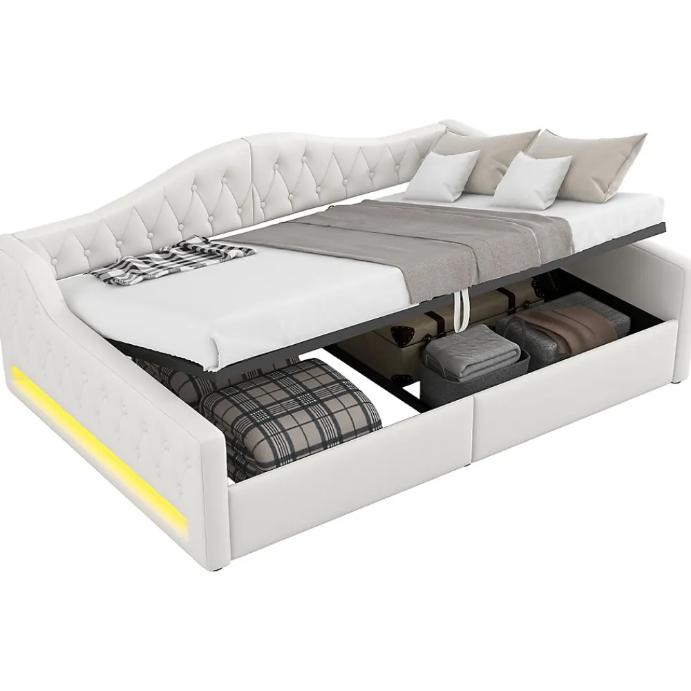 Lit 140x200 cm tapissé lin avec grand rangement sous sommier et bande led 7 couleurs, finition beige élégante>Redom Clearance