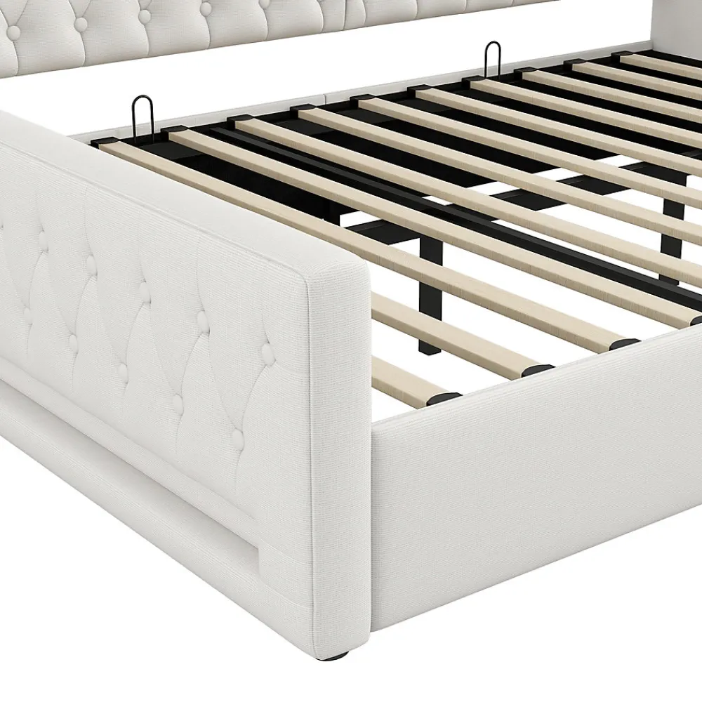 Lit 140x200 cm tapissé lin avec grand rangement sous sommier et bande led 7 couleurs, finition beige élégante>Redom Clearance