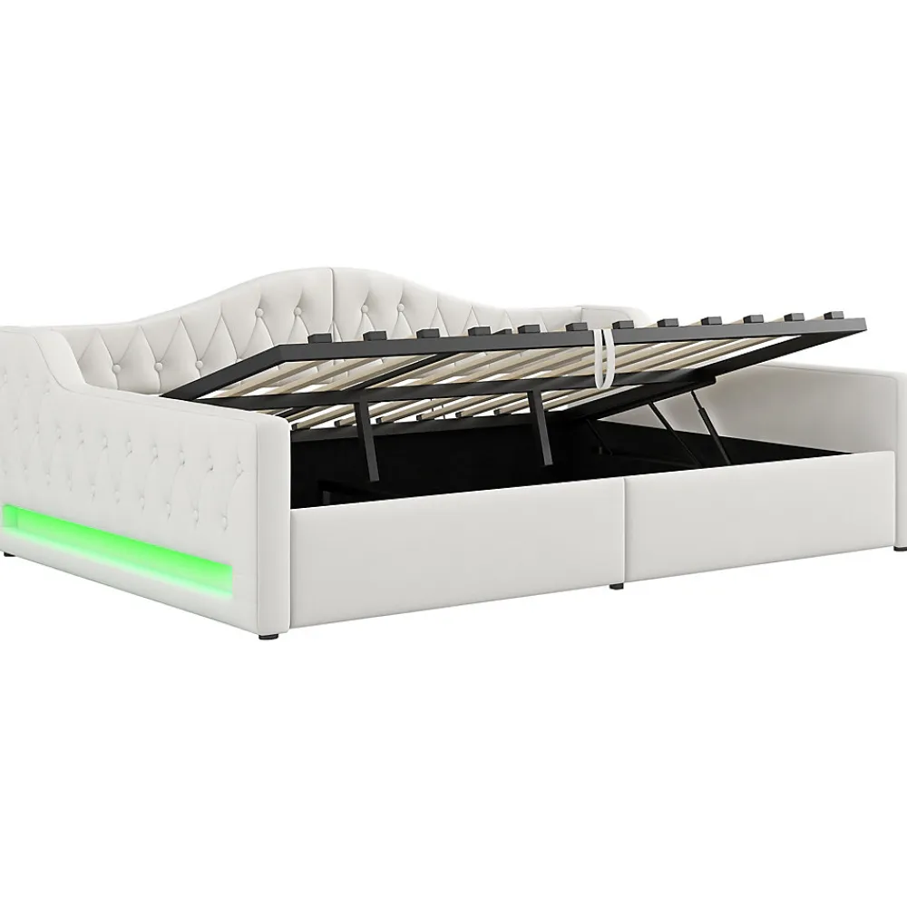 Lit 140x200 cm tapissé lin avec grand rangement sous sommier et bande led 7 couleurs, finition beige élégante>Redom Clearance