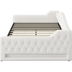 Lit 140x200 cm tapissé lin avec grand rangement sous sommier et bande led 7 couleurs, finition beige élégante><noscript><img width=